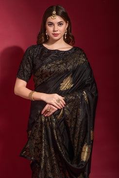 Admyrin Black Georgette Silk Emboss Foil Print Party Wear Saree with Georgette Silk Blouse Piece