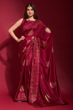 Admyrin Maroon Georgette Silk Emboss Foil Print Party Wear Saree with Georgette Silk Blouse Piece