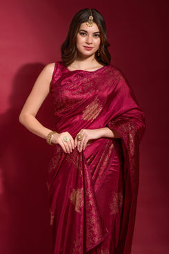 Admyrin Maroon Georgette Silk Emboss Foil Print Party Wear Saree with Georgette Silk Blouse Piece
