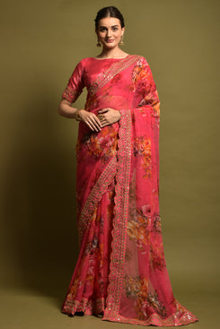 Beautiful & Stylish Admyrin Soft Chiffon Floral Printed with Sequence & Border Work Party Wear Saree with Heavy Mono Banglori Blouse Piece
