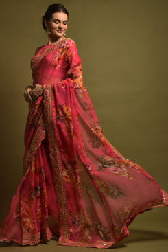 Beautiful & Stylish Admyrin Soft Chiffon Floral Printed with Sequence & Border Work Party Wear Saree with Heavy Mono Banglori Blouse Piece