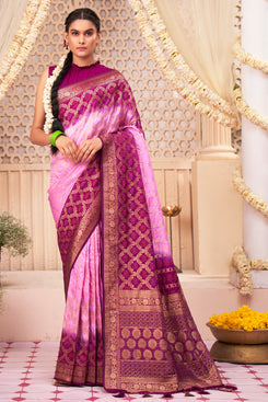 Admyrin Pink Pure Banarasi Zari Woven Design Saree with Blouse Piece