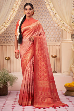 Admyrin Orange Pure Banarasi Zari Woven Design Saree with Blouse Piece