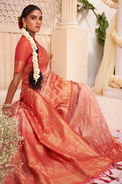 Admyrin Orange Pure Banarasi Zari Woven Design Saree with Blouse Piece