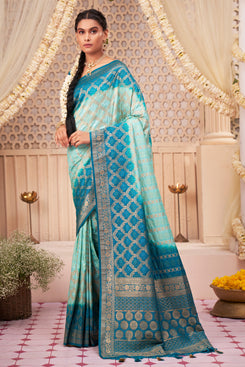 Admyrin Blue Pure Banarasi Zari Woven Design Saree with Blouse Piece