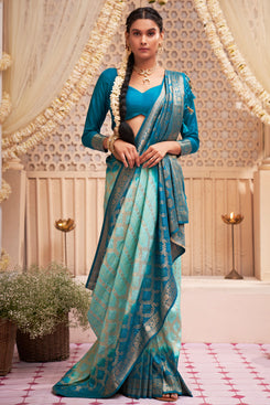 Admyrin Blue Pure Banarasi Zari Woven Design Saree with Blouse Piece