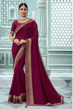 Admyrin Wine Vichitra Silk Embroidery Designer Party Wear Saree with Blouse Piece