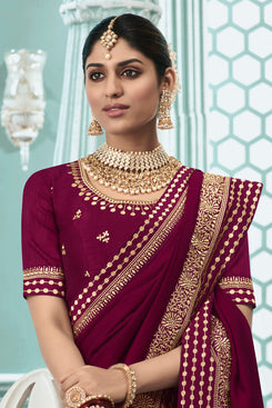 Admyrin Wine Vichitra Silk Embroidery Designer Party Wear Saree with Blouse Piece
