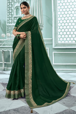 Admyrin Dark Green Vichitra Silk Embroidery Designer Party Wear Saree with Blouse Piece