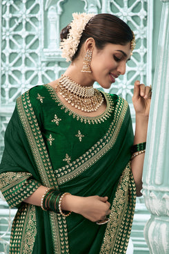 Admyrin Dark Green Vichitra Silk Embroidery Designer Party Wear Saree with Blouse Piece