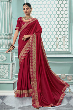 Admyrin Maroon Vichitra Silk Embroidery Designer Party Wear Saree with Blouse Piece