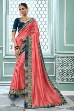 Admyrin Baby Pink Vichitra Silk Embroidery Designer Party Wear Saree with Blouse Piece
