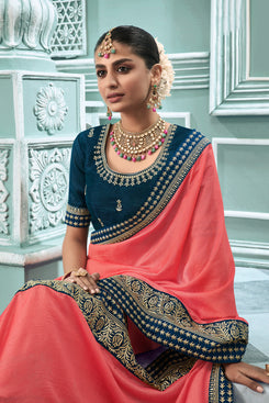 Admyrin Baby Pink Vichitra Silk Embroidery Designer Party Wear Saree with Blouse Piece