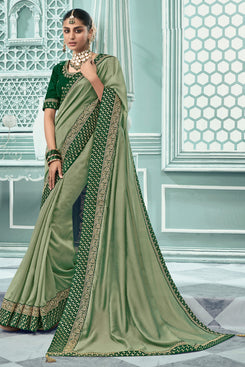 Admyrin Light Green Vichitra Silk Embroidery Designer Party Wear Saree with Blouse Piece