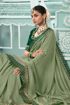 Admyrin Light Green Vichitra Silk Embroidery Designer Party Wear Saree with Blouse Piece