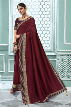 Admyrin Dark Wine Vichitra Silk Embroidery Designer Party Wear Saree with Blouse Piece