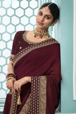 Admyrin Dark Wine Vichitra Silk Embroidery Designer Party Wear Saree with Blouse Piece