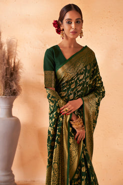 Admyrin Green Georgette Zari Woven Design Saree with Blouse Piece