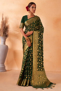 Admyrin Green Georgette Zari Woven Design Saree with Blouse Piece