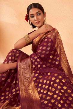 Admyrin Wine Georgette Zari Woven Design Saree with Blouse Piece