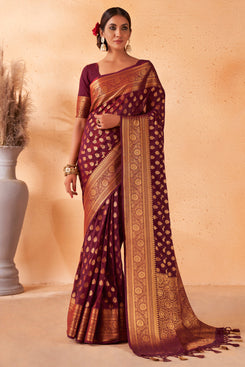 Admyrin Wine Georgette Zari Woven Design Saree with Blouse Piece