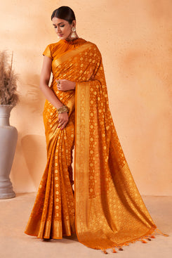 Admyrin Orange Georgette Zari Woven Design Saree with Blouse Piece