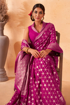 Admyrin Rani Pink Georgette Zari Woven Design Saree with Blouse Piece