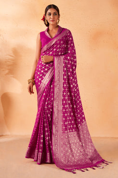 Admyrin Rani Pink Georgette Zari Woven Design Saree with Blouse Piece