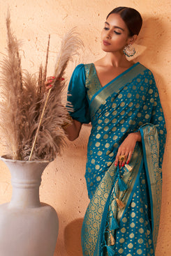 Admyrin Dark Blue Georgette Zari Woven Design Saree with Blouse Piece