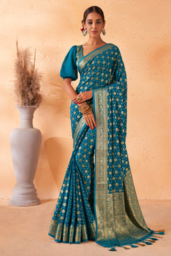 Admyrin Dark Blue Georgette Zari Woven Design Saree with Blouse Piece