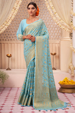 Admyrin Turquoise Georgette Weaving Saree with Blouse Piece