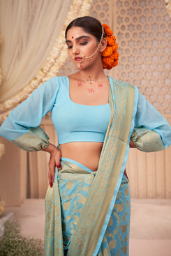 Admyrin Turquoise Georgette Weaving Saree with Blouse Piece