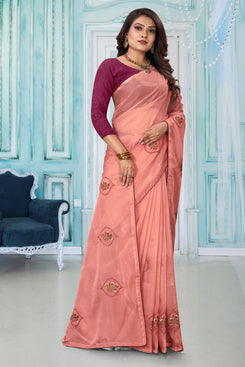 Admyrin Pink Organza Embroidery Designer Party Wear Saree with Blouse Piece