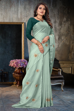 Admyrin Light Turquoise Organza Embroidery Designer Party Wear Saree with Blouse Piece