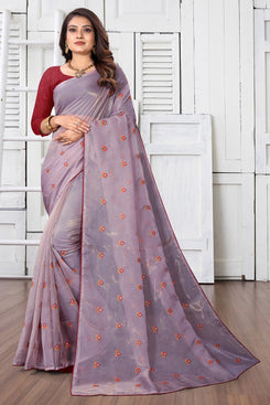 Admyrin Light Onion Pink Organza Embroidery Designer Party Wear Saree with Blouse Piece
