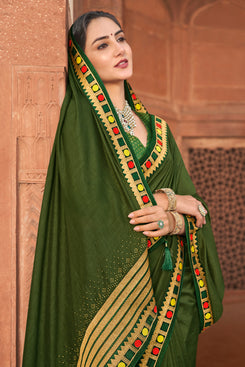 Admyrin Olive Green Vichitra Silk Zari & Resham Embroidery Saree with Blouse Piece