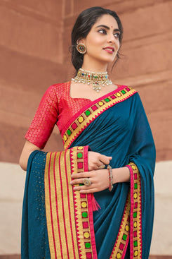 Admyrin Royal Blue Vichitra Silk Zari & Resham Embroidery Saree with Blouse Piece