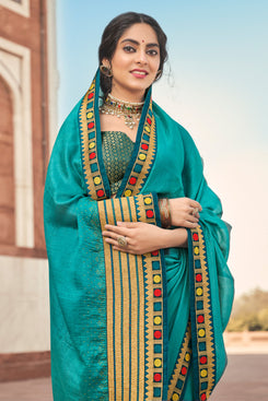 Admyrin Turquoise Vichitra Silk Zari & Resham Embroidery Saree with Blouse Piece