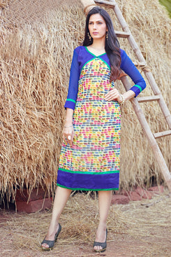 Beige and Blue Printed Georgette Kurti