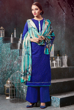 Bhelpuri Blue Cotton Self Embroidered Dress Material with Digital Printed Chiffon Dupatta