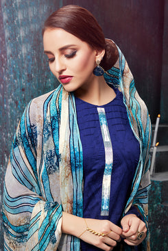 Bhelpuri Blue Cotton Self Embroidered Dress Material with Digital Printed Chiffon Dupatta