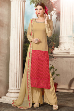 Bhelpuri Beige and Red Georgette Dress Material with Beige Bottom Dupatta