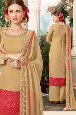 Bhelpuri Beige and Red Georgette Dress Material with Beige Bottom Dupatta