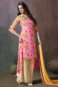 Bhelpuri Pink Georgette Semi-stitched Fancy Salwar Kameez with Net Bottom and Dupatta