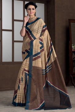 Bhelpuri Beige Banglori Silk Saree with Blue Blouse Piece