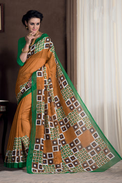 Bhelpuri Orange Banglori Silk Saree with Green Blouse Piece