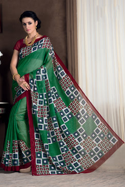 Bhelpuri Green Banglori Silk Saree with Maroon Blouse Piece