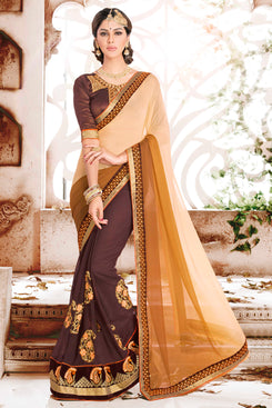 Bhelpuri Brown and Beige Georgette Embroidered Saree with Blouse Piece