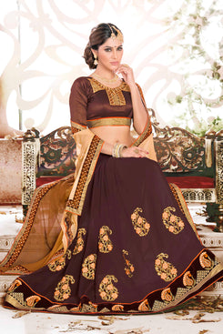 Bhelpuri Brown and Beige Georgette Embroidered Saree with Blouse Piece