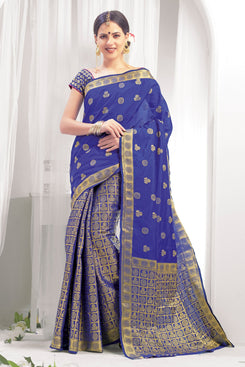 Bhelpuri Blue Soft Silk Woven Saree with Blue Blouse Piece